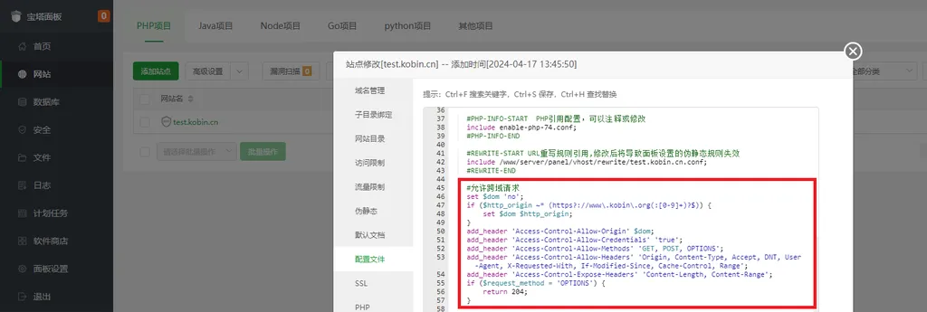 宝塔面板处理 CORS 跨域请求问题